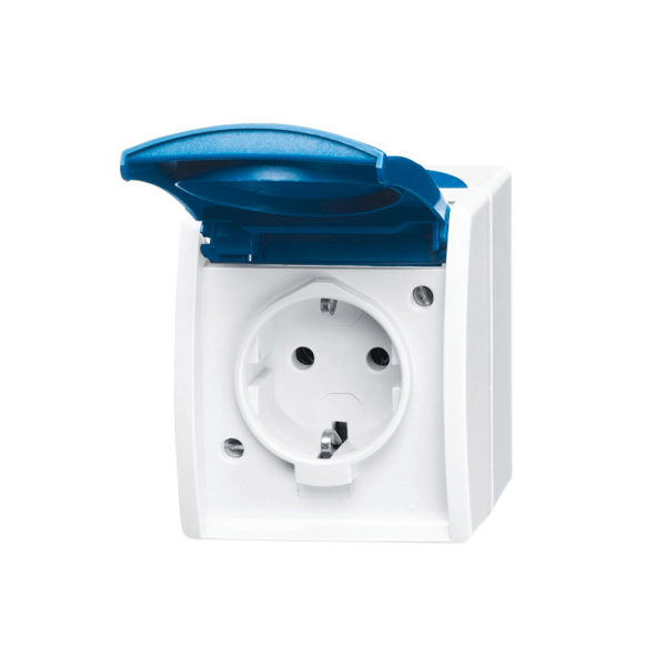 Schukosteckdose 1fach IP44 grau. blaugr